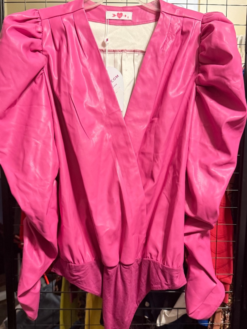 Buddy Love Sorolla Faux Leather Bodysuit Pink Puff Sleeve V Neck Women's Medium